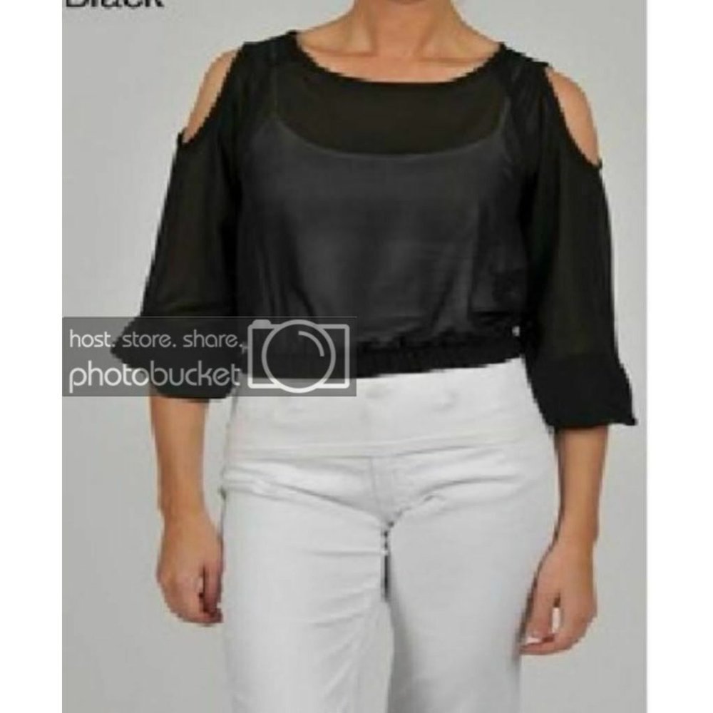 ANNALEE & HOPE Peep Shoulder Short CROPPED  Mesh BLOUSE Top KEYHOLE BACK ( L )
